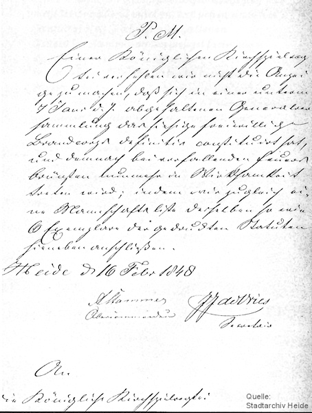 Das Originaldokument: Andreas Stammer meldete am 16. Februar 1848 das Heider Brandkorps einsatzbereit